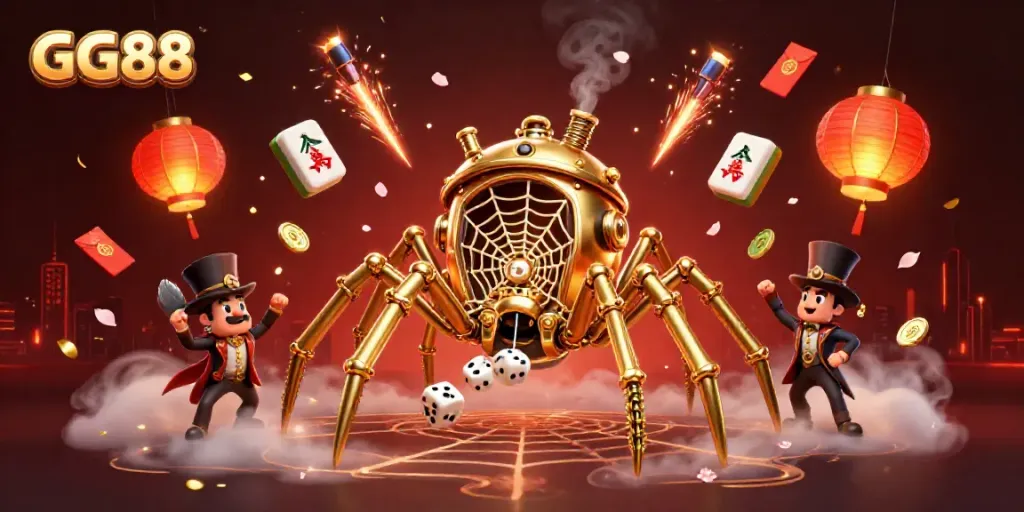 Engage with GG88's vibrant casino scene, showcasing an intricate golden spider web and dynamic gaming elements.