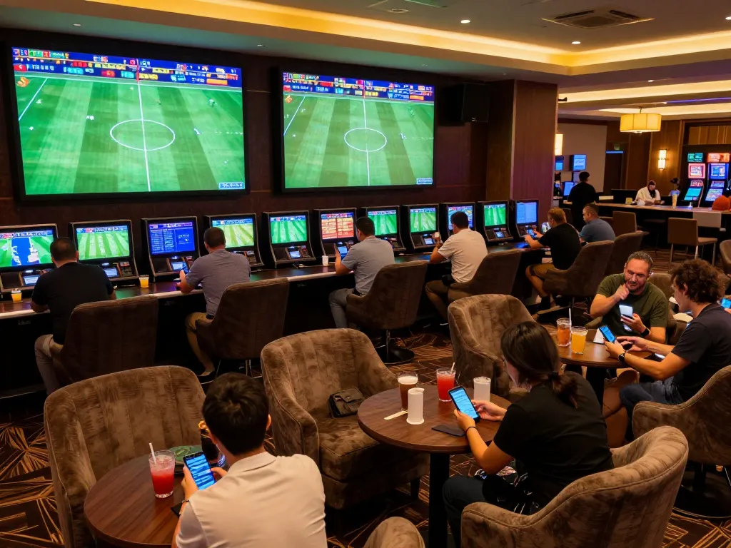 Engaged patrons using mobile devices for betting while following Keo nha cai 5 in a vibrant sports betting lounge