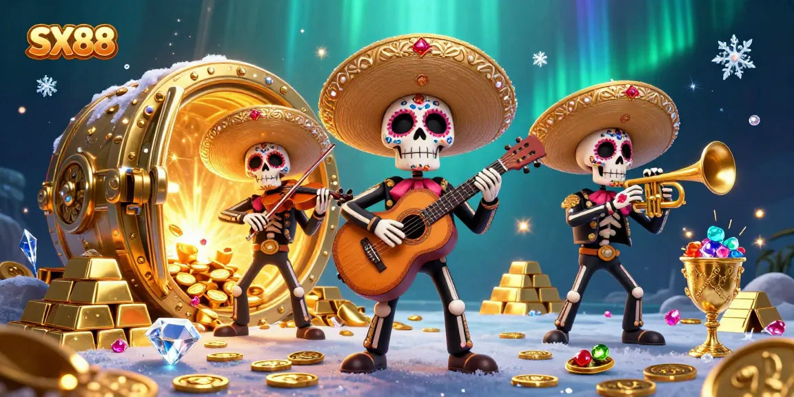 SX88 Casino experience with vibrant 3D mariachi band amidst treasures illustrating exciting gaming opportunities.