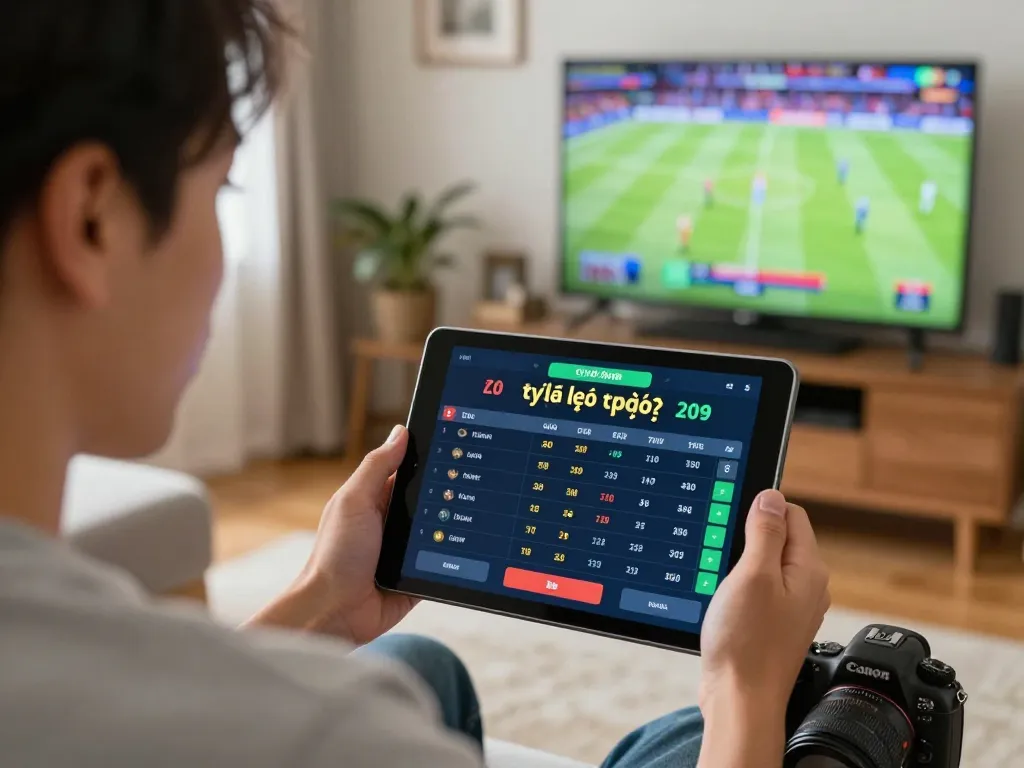 Engaging moment analyzing tỷ lệ kèo trực tuyến during sports betting with tablet in a cozy living room.