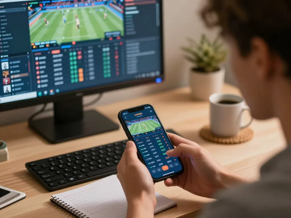 Ricbet user strategizing while placing bets on a smartphone, capturing the thrill of online sports betting.