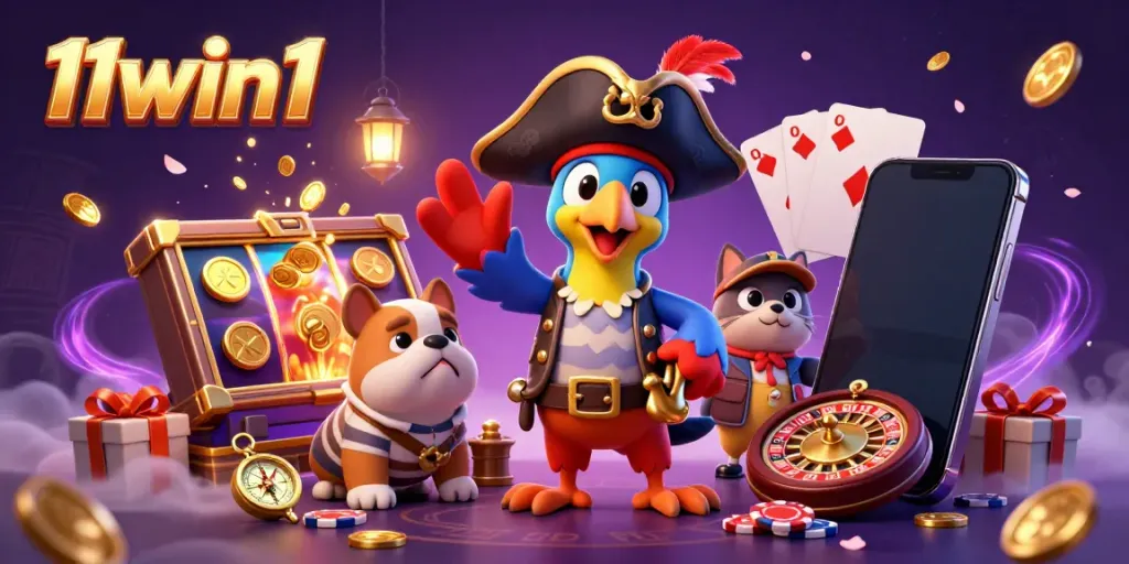 Engage with 11win1 through a lively scene of a pirate captain, bulldog mate, and ship cat amidst vibrant casino elements.