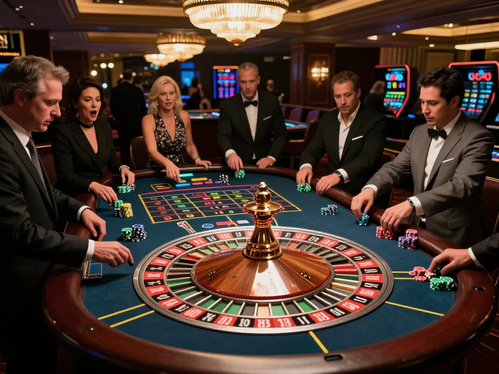 Players enjoying roulette at SHBET casino, vibrant chips and lively atmosphere.