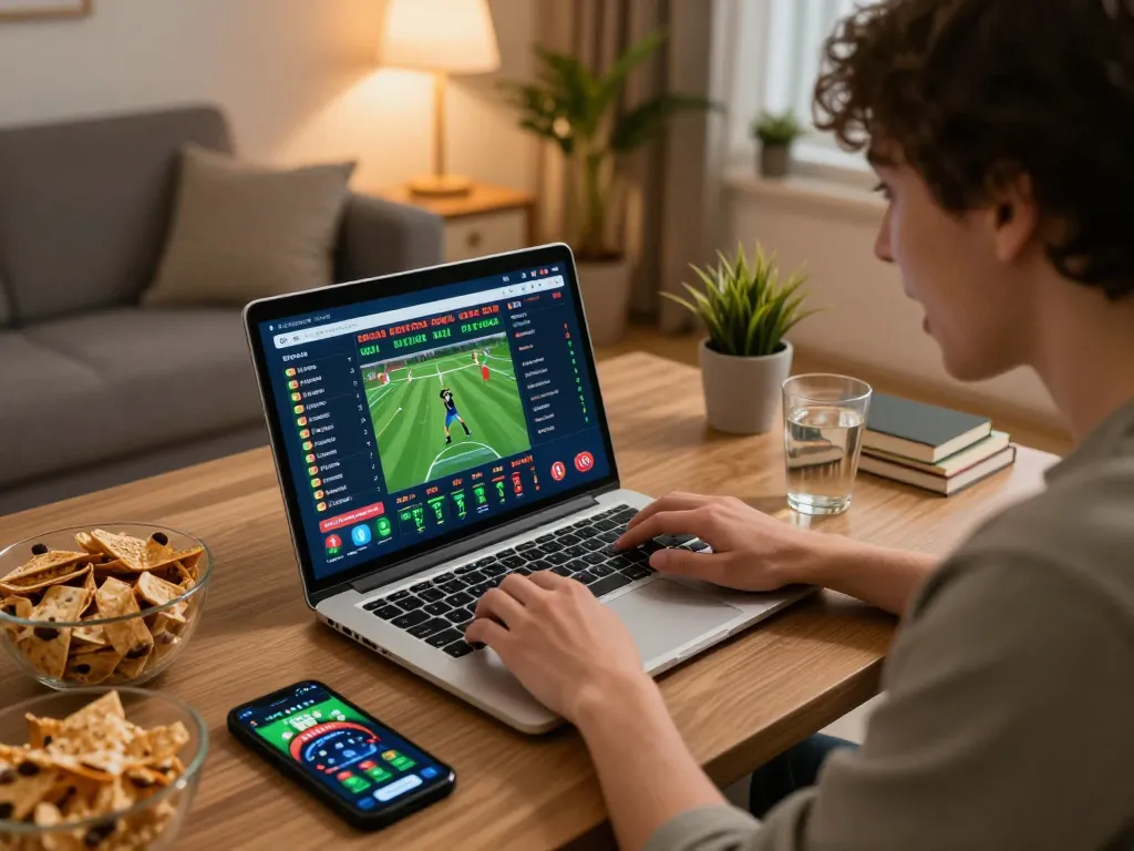 Kuwin online gambling scene with a player engaged in live sports betting at home