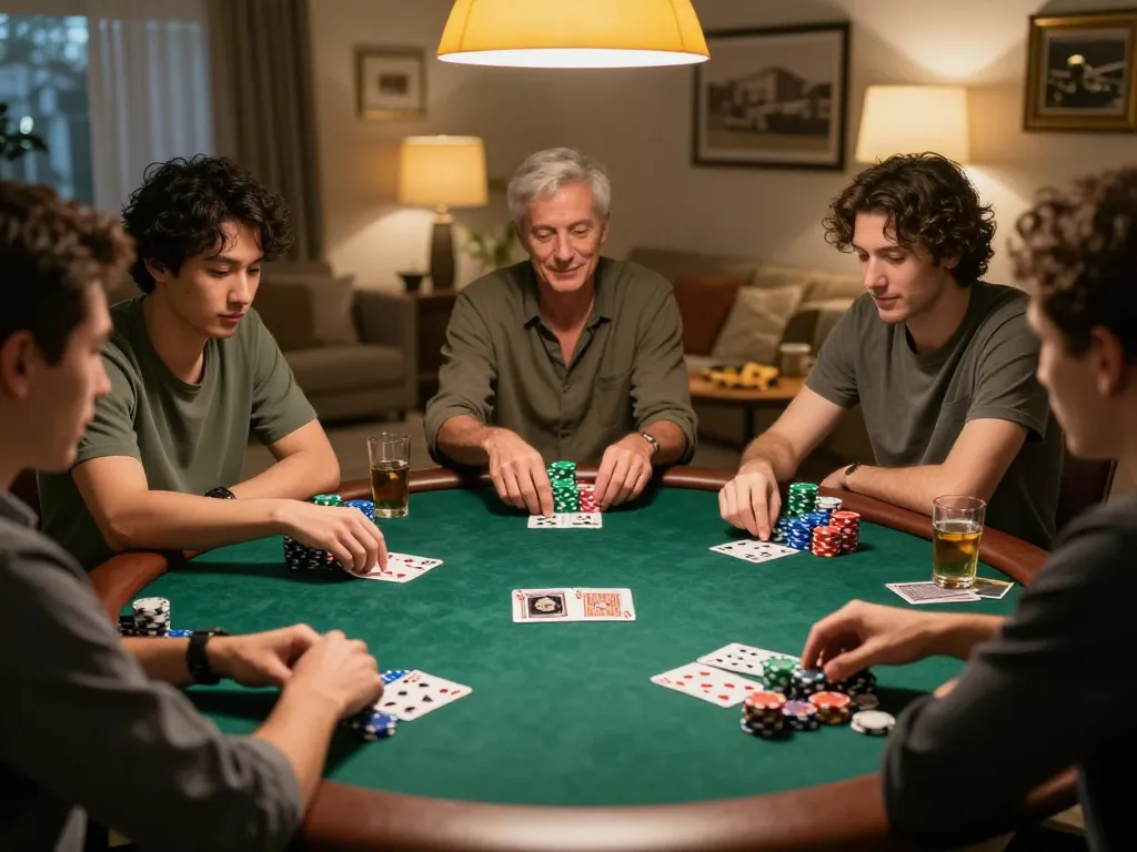 KUWIN players strategizing during a home poker night, showcasing excitement and camaraderie.