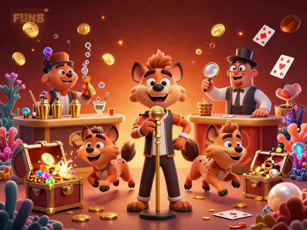 Experience FUN 88 through 3D cartoon hyenas running a vibrant casino scene filled with treasures and fun.