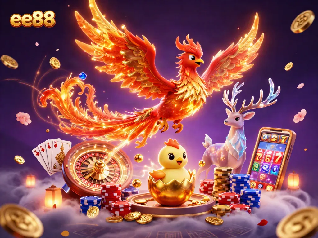 Experience thrilling gaming action at ee88 with a vibrant 3D illustration featuring iconic casino elements.