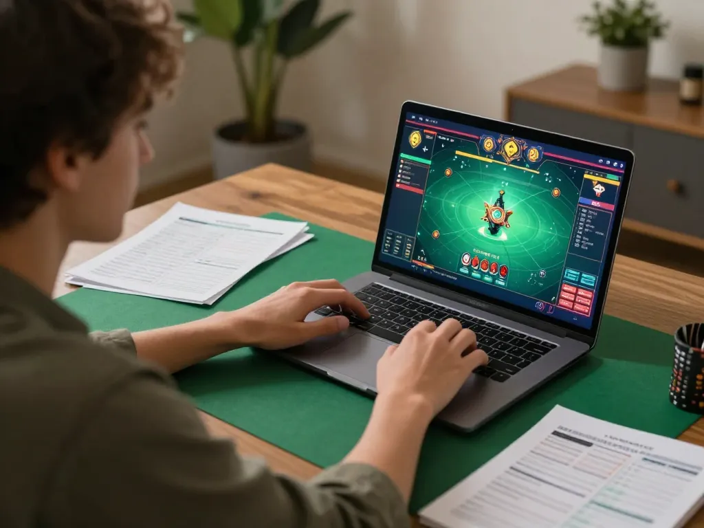 Player engaging with luck8l poker game on laptop, showcasing strategy and focus in modern home setting.