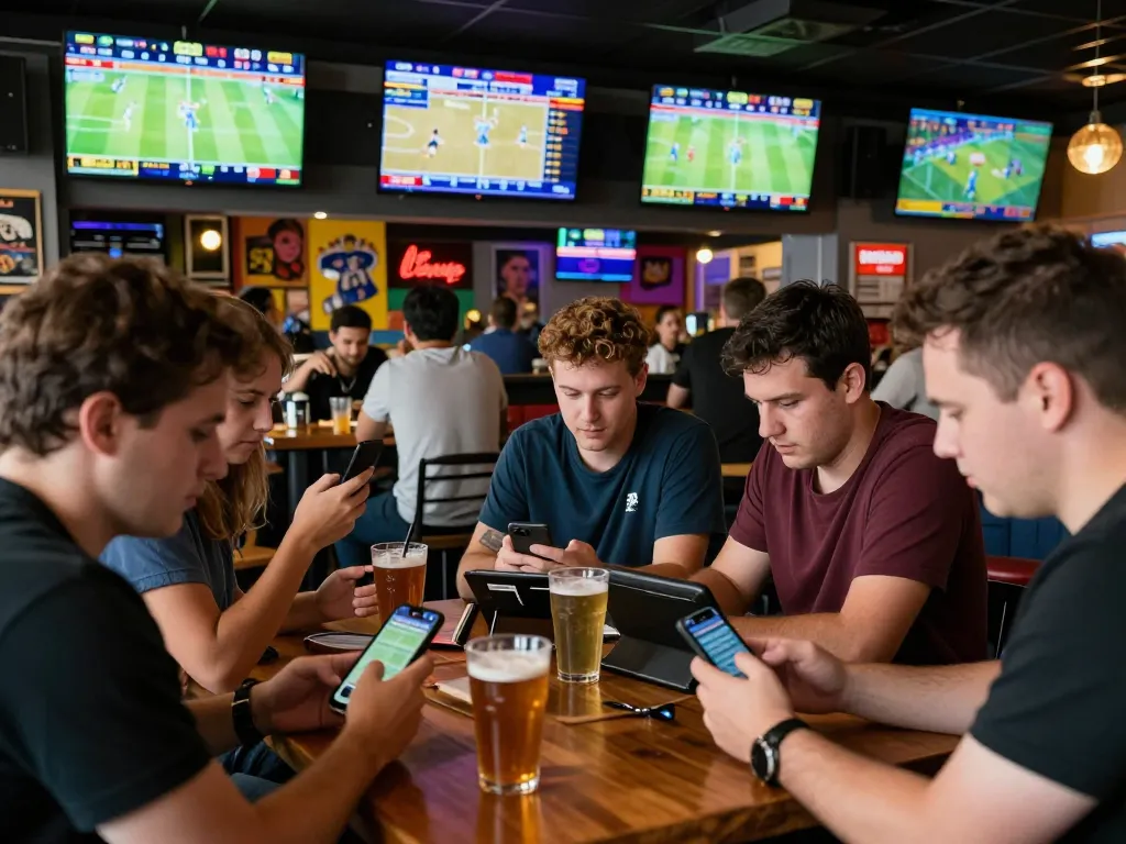 ZBET sports betting scene with patrons intensely focused on live games and betting apps at a modern sports bar.