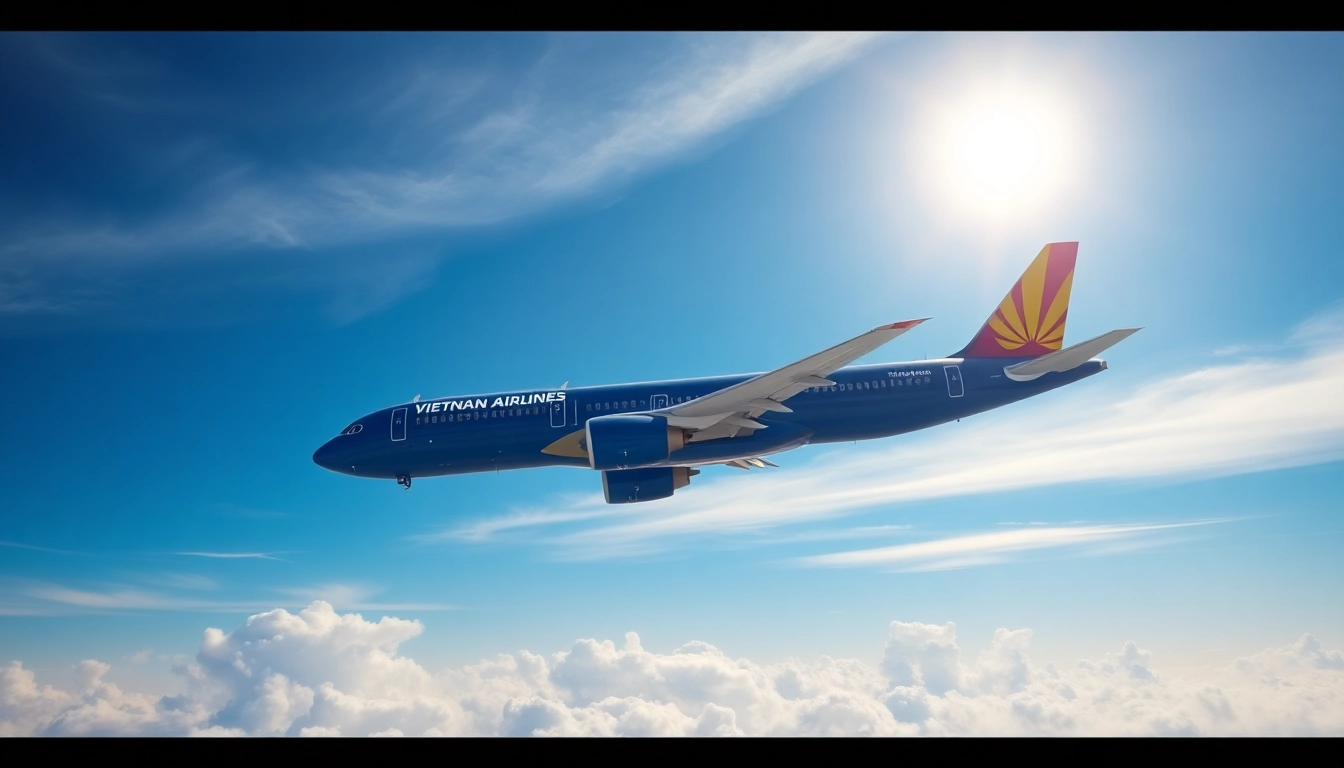 Vietnam Airlines VN168 flight soaring above a clear sky, showcasing travel opportunities.