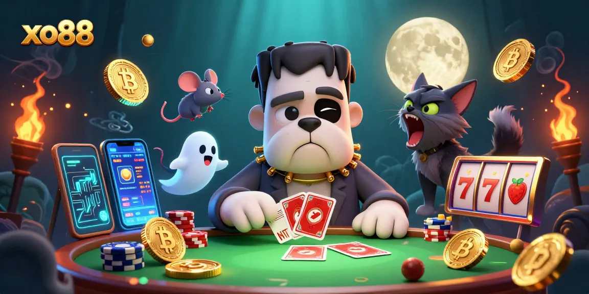 Play slots with xo88 in a captivating scene featuring a monster dealer and crypto elements