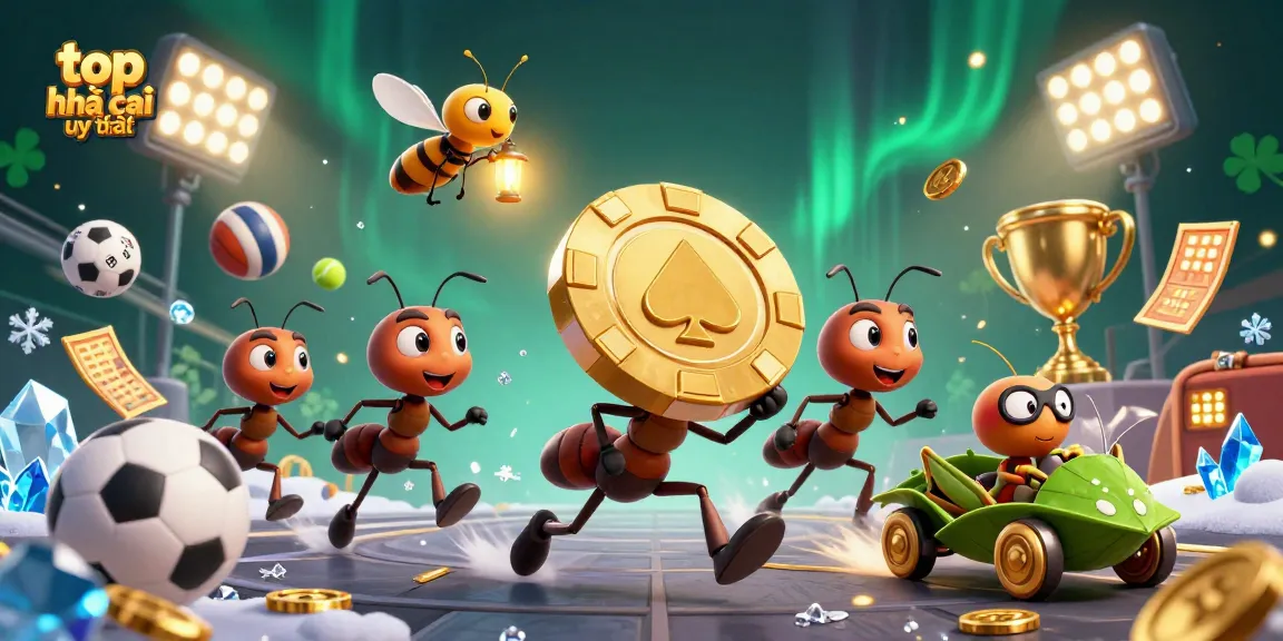 Join the fun with top nhà cái uy tín, as playful ants run off with a giant poker chip in this vibrant casino scene.