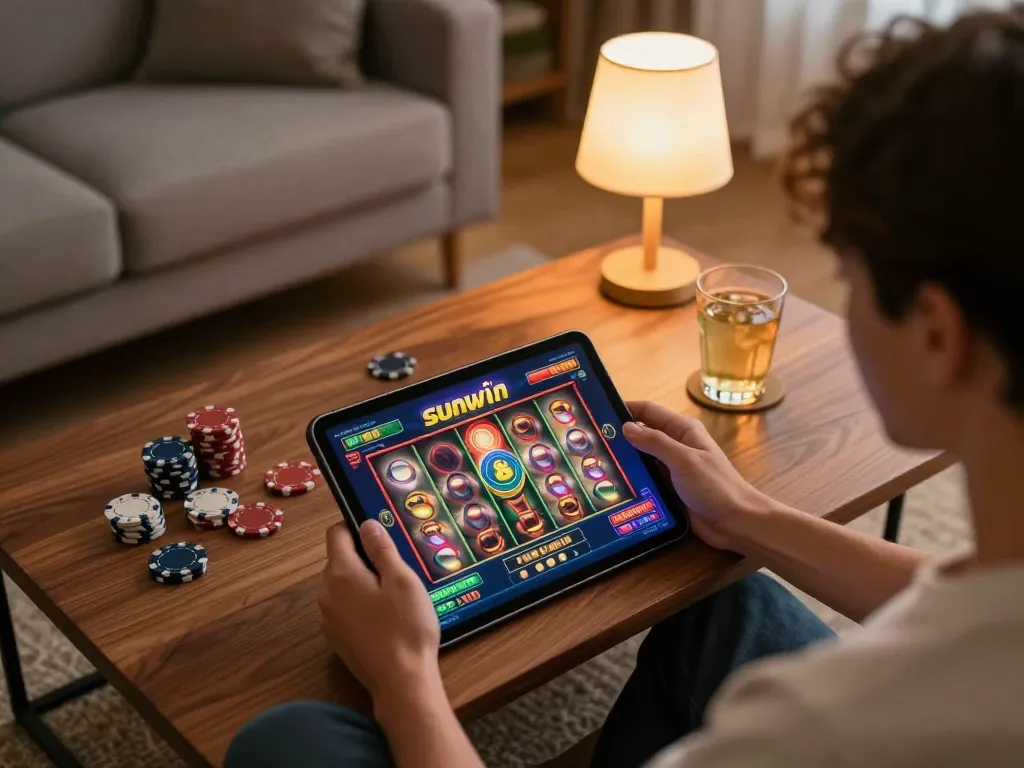 Sunwin player engaging with vibrant online casino slot games on a tablet in a cozy living room.
