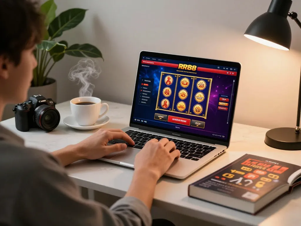 Engaging in online casino gameplay on the RR88 platform with vibrant visuals and strategic notes in the background.
