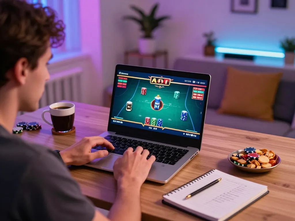 Player engaging in intense TR88 online poker game from stylish home office setup, highlighting vibrant atmosphere and strategic gameplay