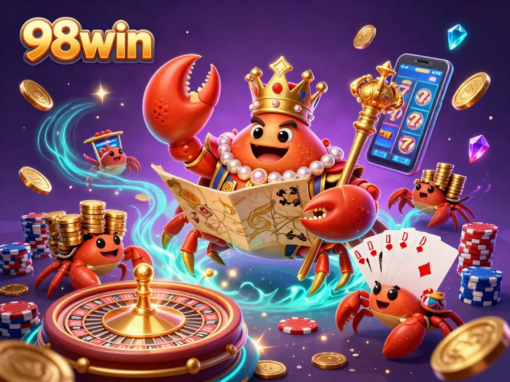 Experience thrilling casino action with the vibrant scene featuring 98win's golden crab emperor amidst sparkling treasures.