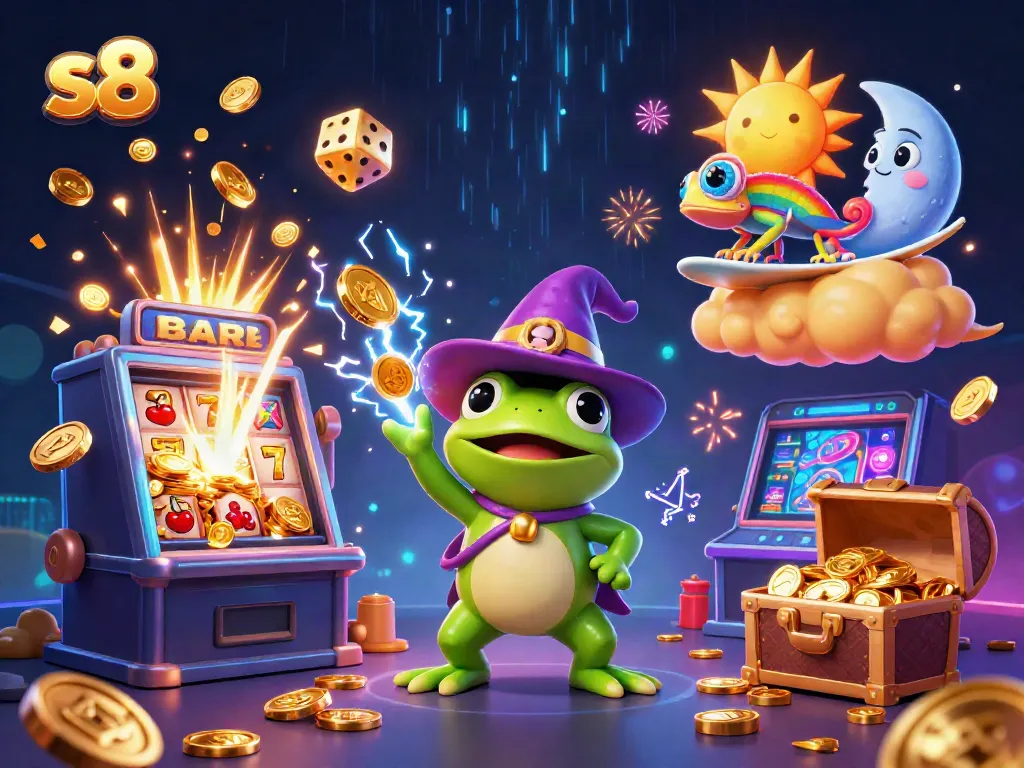 Experience exciting moments with s8 while the golden coins rain down from a wizard frog and chameleon.