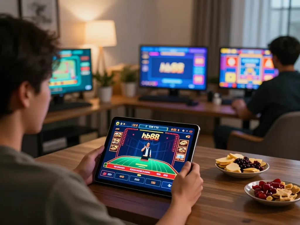 Players enjoying online casino action through hb88 app on tablets, showcasing engaging gameplay.