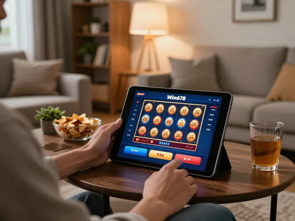 Engage in thrilling gameplay on win678's casino app in a cozy home setting.