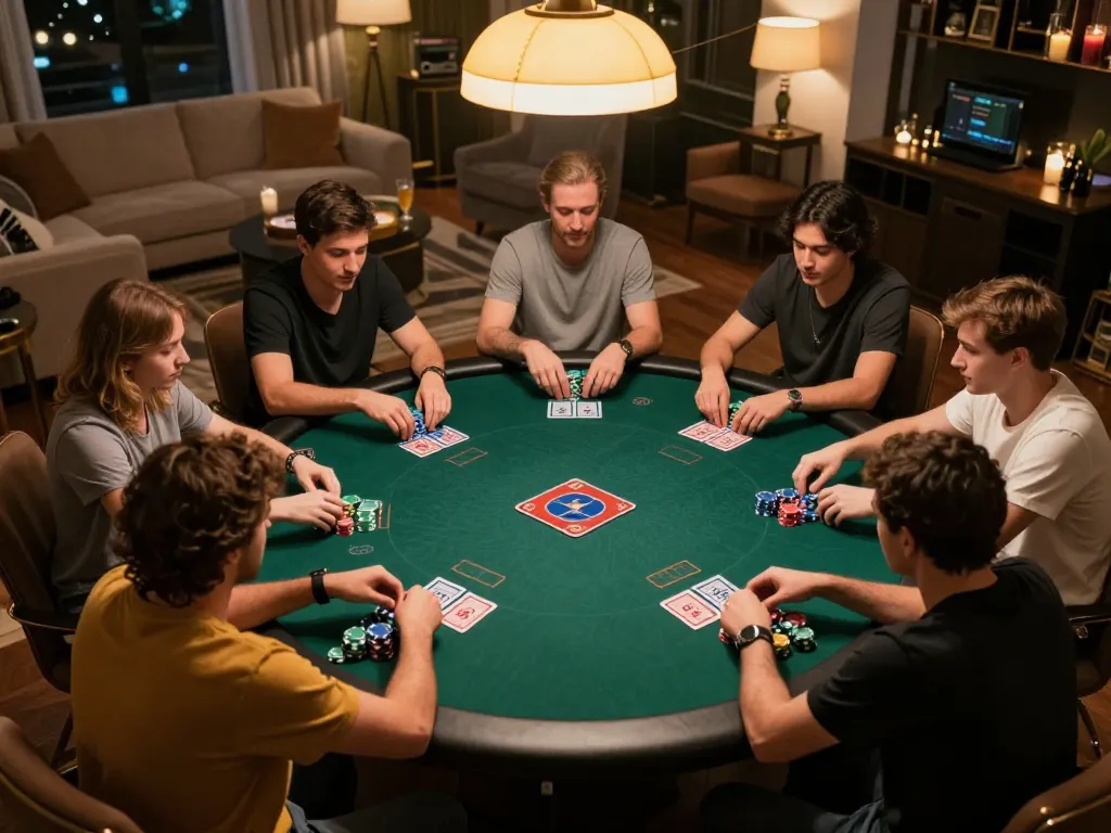 Players experiencing thrilling online poker at home with dh88a, showcasing vibrant interactions and cozy ambiance.