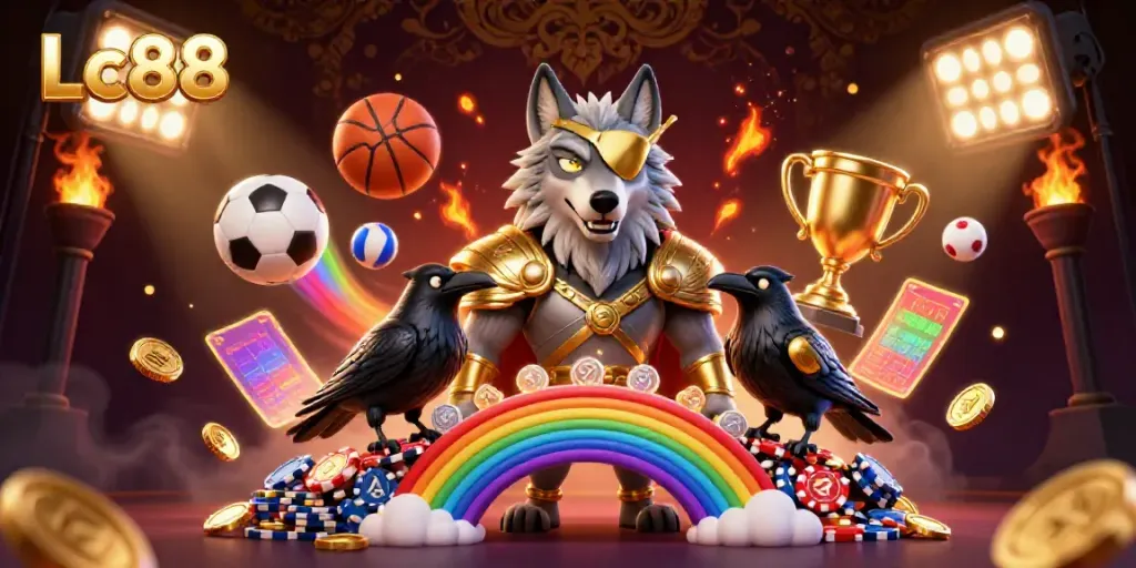 Experience Lc88's thrilling gaming atmosphere with a dynamic 3D illustration featuring Norse-inspired characters and sports elements.