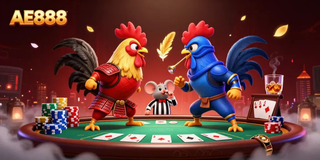 Dynamic standoff of AE888-themed fighting roosters at a poker table, showcasing vibrant casino atmosphere.