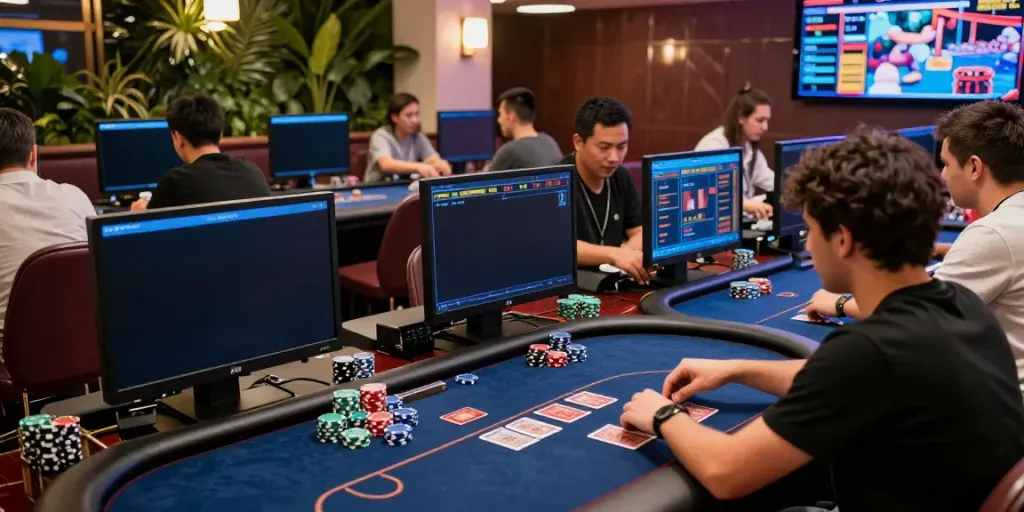 9bet players enjoying a lively casino atmosphere with vibrant screens and poker games.