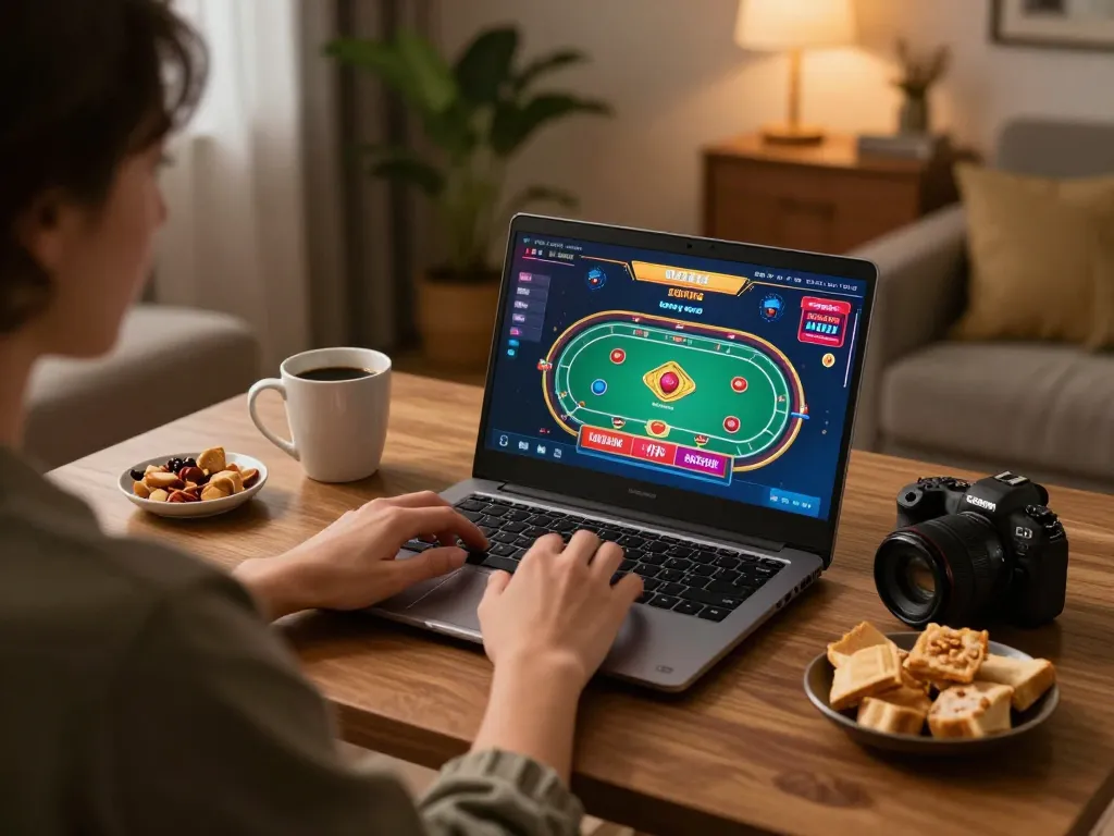 Engaging online casino gameplay on NK88 platform featuring vibrant game interface and cozy home setup.