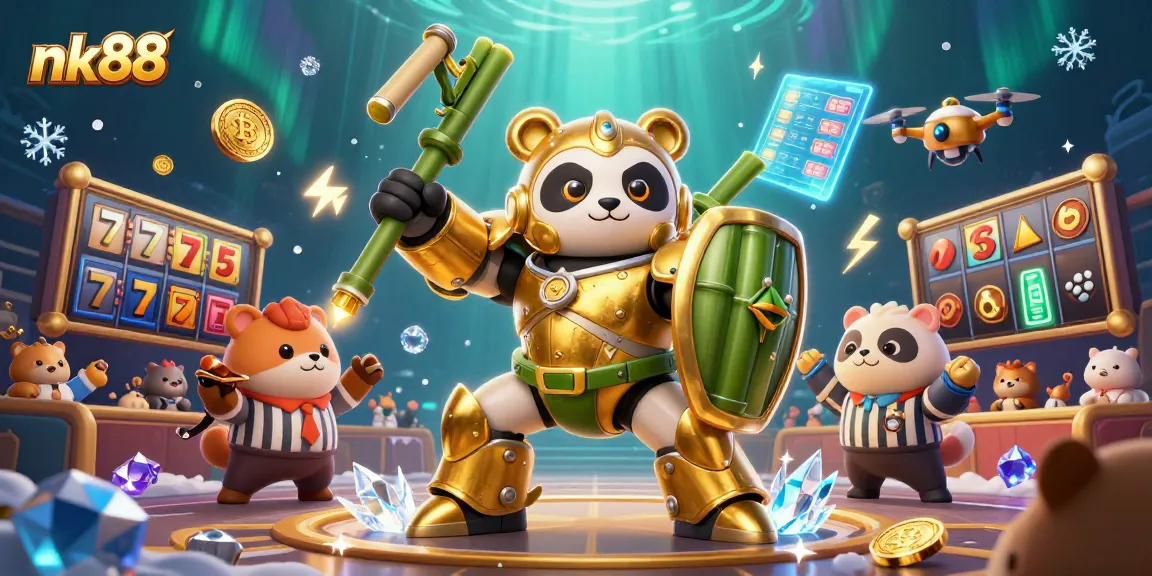 Join the fun at nk88 with a lively golden panda fighting robot amid slot reels and glowing coins.