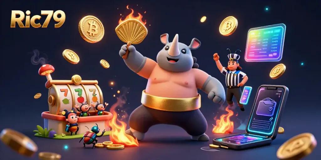 Experience the excitement of Ric79 with a cartoon beetle champion stomping golden coins, set in a vibrant casino scene.