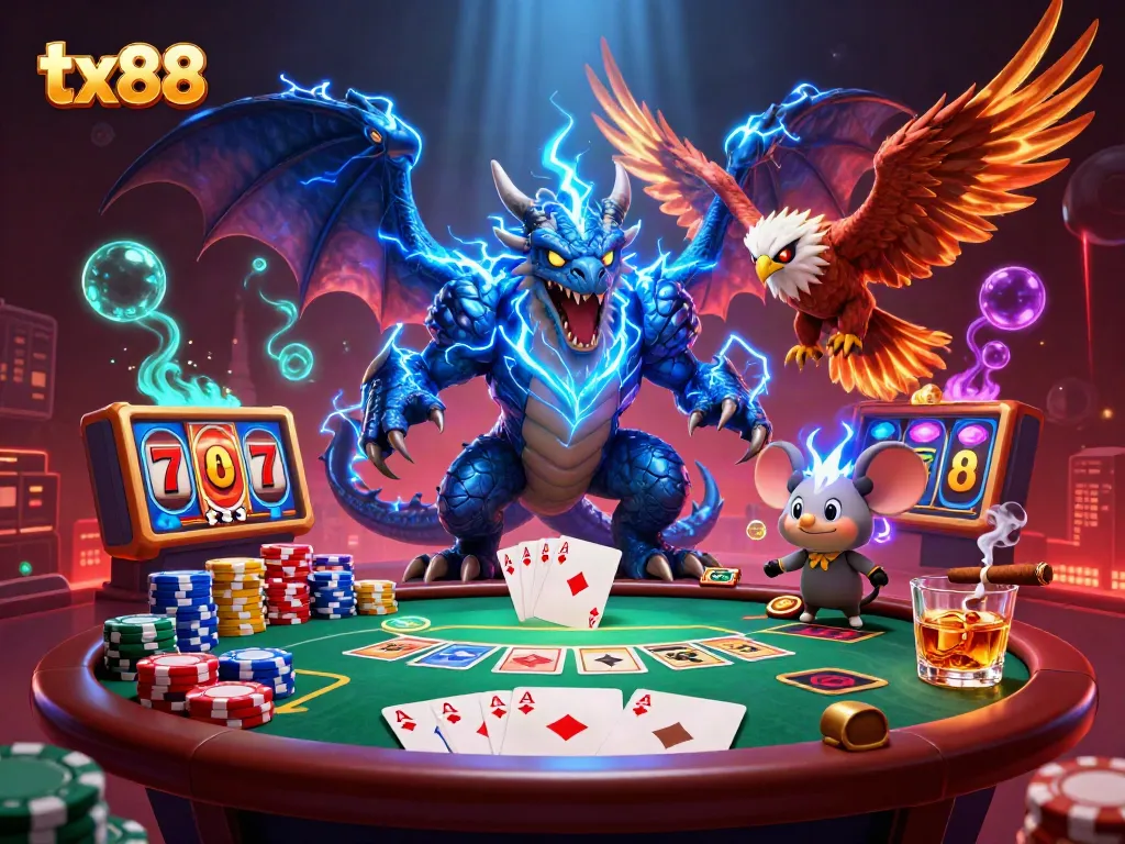 Experience the excitement of tx88 with a dynamic casino scene featuring mythical creatures and vibrant gaming elements.