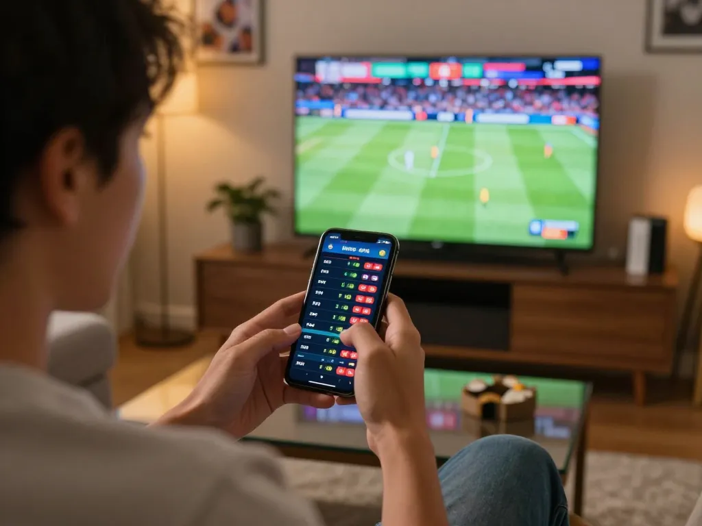 Win88 user placing bets on smartphone while enjoying live sports in a cozy home setup.