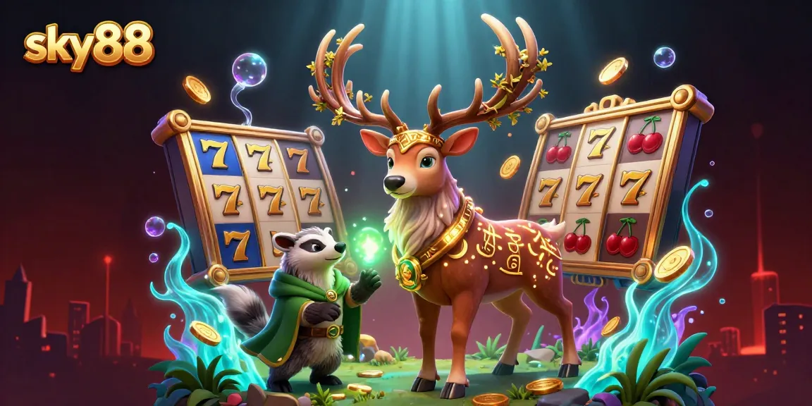 Experience thrilling action at sky88 casino with vibrant slot reels and enchanting characters in this dynamic illustration.
