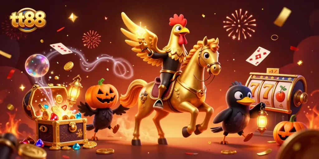 Engage with thrilling tt88 casino adventures featuring golden rooster riders amidst vibrant slot games.