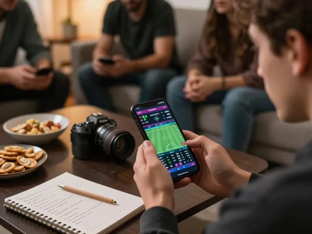 Engaged sports bettor exploring live odds and strategies on smartphone during casual home gathering, nowgoal