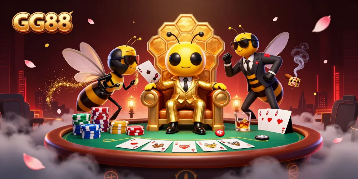 Experience excitement with GG88's 3D illustration featuring a lively casino scene filled with poker chips and cards.