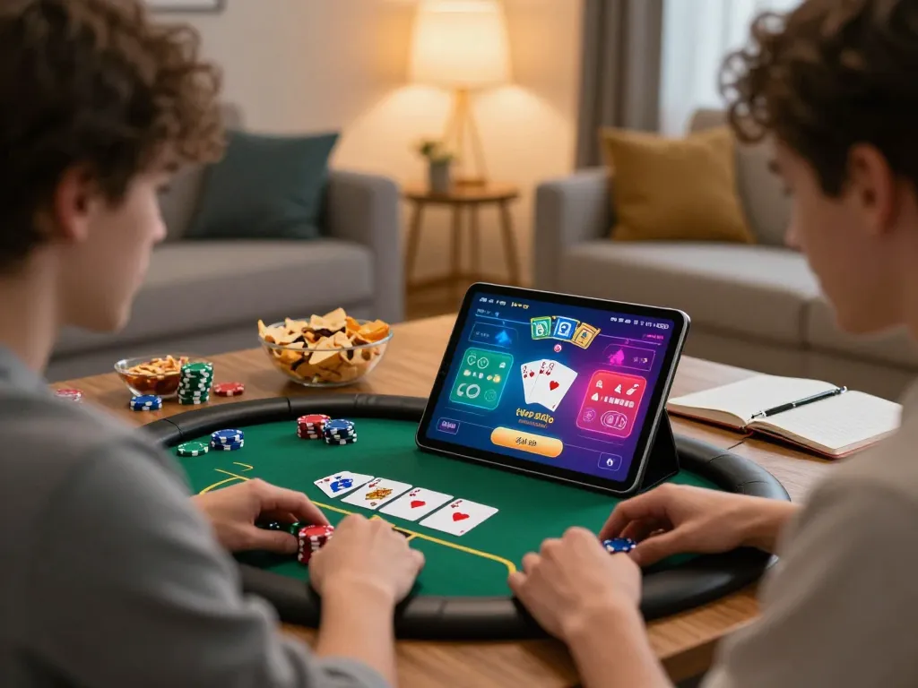 Engaging in online poker at home with jmb88 app, showcasing strategic gameplay and cozy atmosphere.