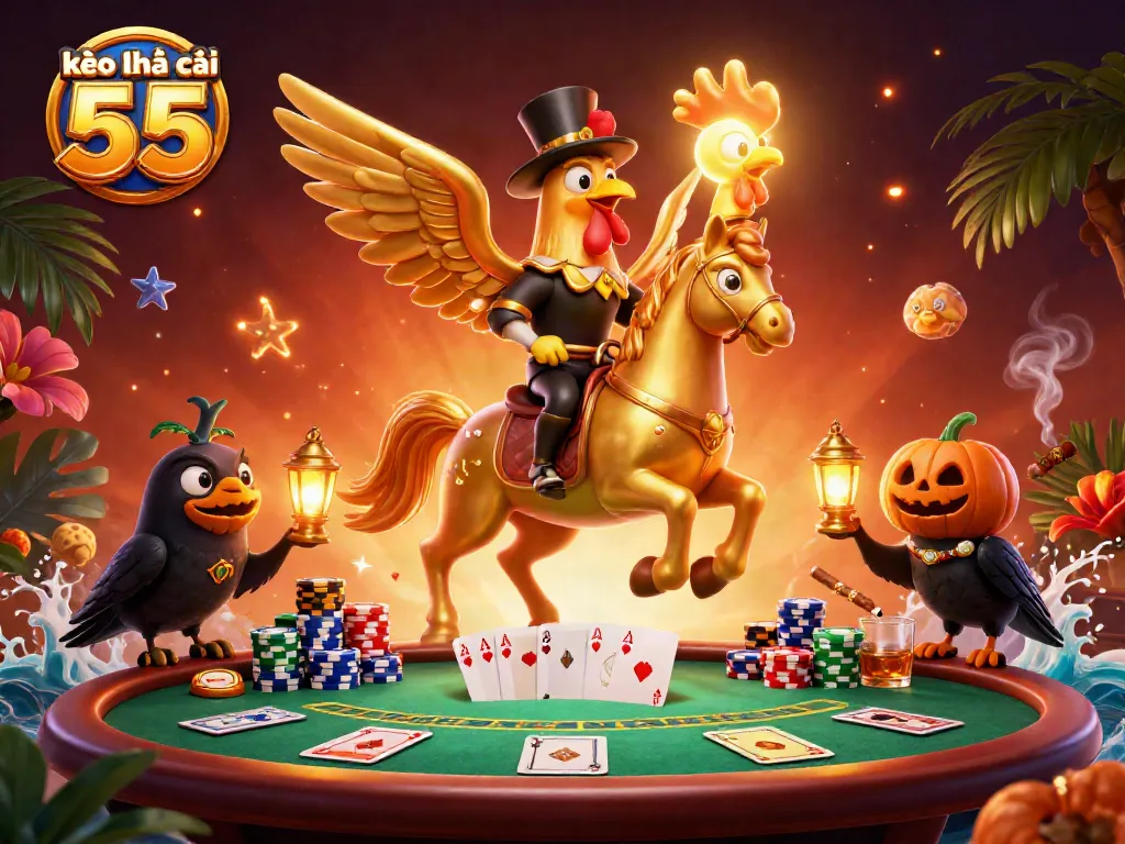 Engage with kèo nhà cái 55 through an exciting 3D casino scene featuring a golden rooster and poker elements.