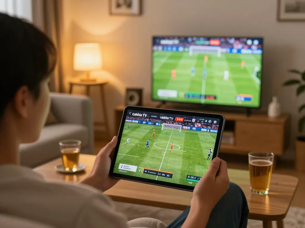 Cakhia TV user enthusiastically enjoys live football match on tablet, demonstrating engaging online viewing.