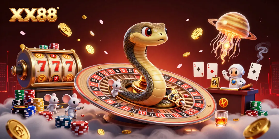 Engage with XX88's thrilling casino scene featuring a Saturn ring snake and astronaut mice at a dynamic roulette.