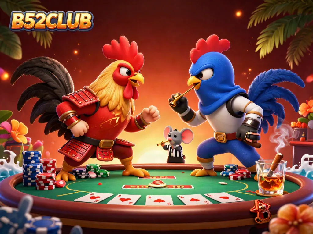 B52CLUB highlights an epic showdown between roosters in samurai and ninja attire amidst a vibrant poker scene.