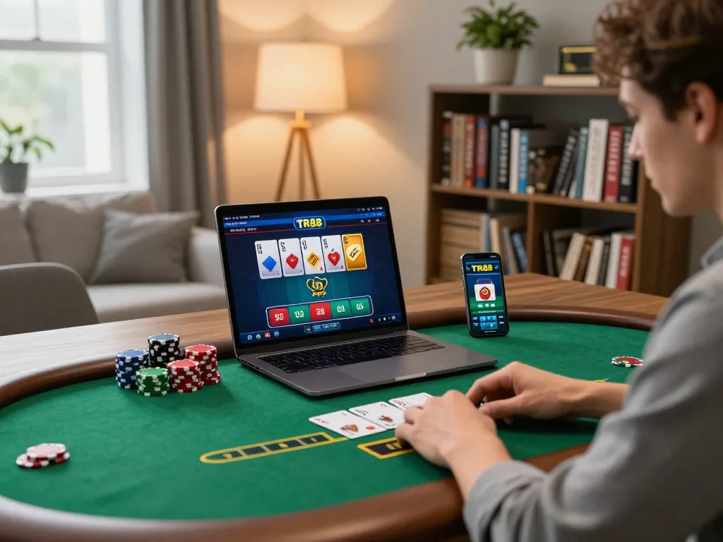 Engaging in poker on TR88 casino app at a stylish home setup, showcasing strategy.