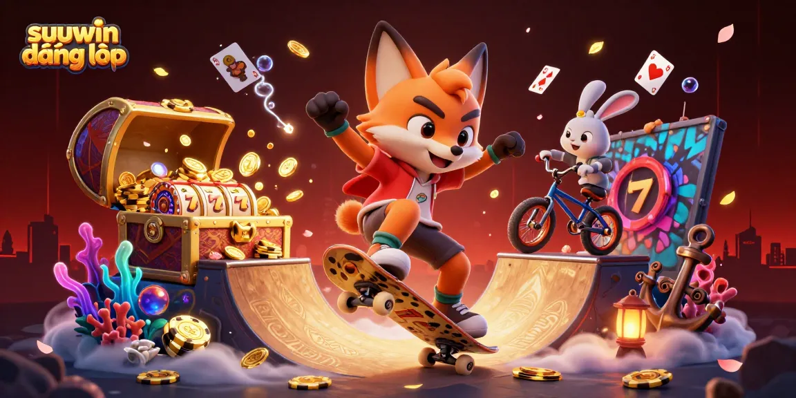 Engage in winning strategies with suuwin đăng nhập as a cartoon fox and rabbit explore vibrant casino-themed fun.