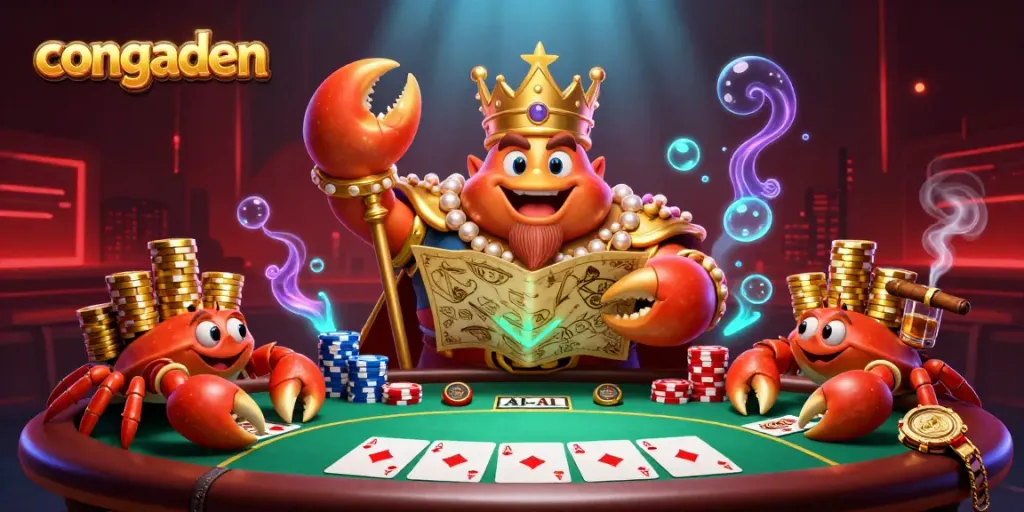 Experience dynamic gaming with congaden, featuring a golden crab emperor amidst rich poker elements in a captivating scene.