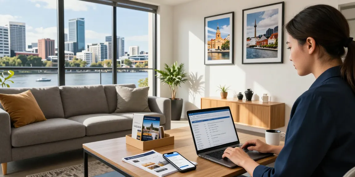 Airbnb management Brisbane - stylish apartment living space with guest welcome kit and property manager reviewing bookings