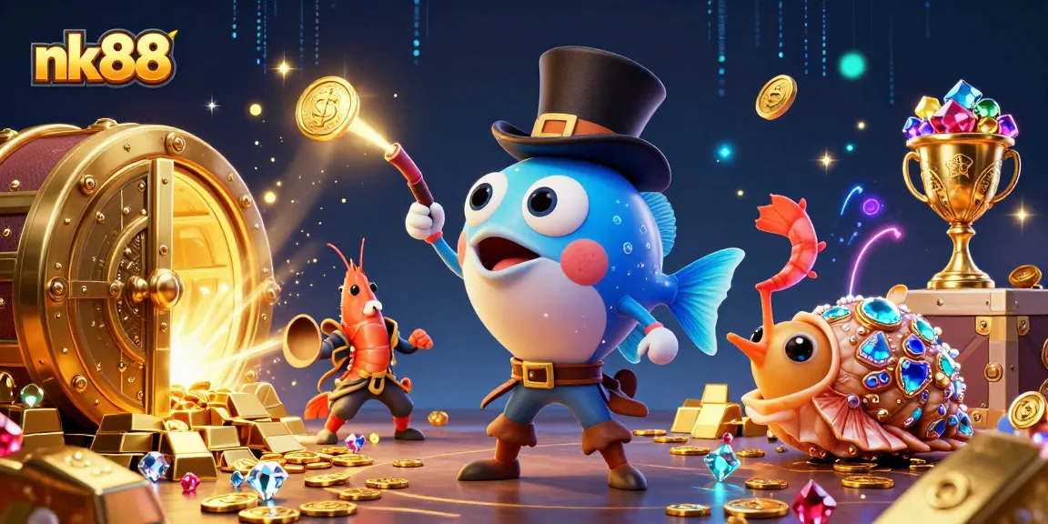 Experience thrilling action at nk88 with vibrant treasure-filled scene featuring deep-sea characters!