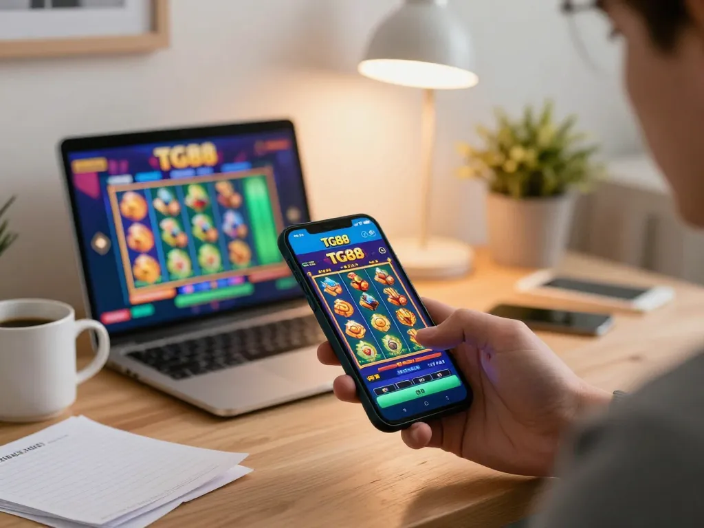Player engaging with the TG88 app for strategic mobile gaming at a stylish desk with notes.