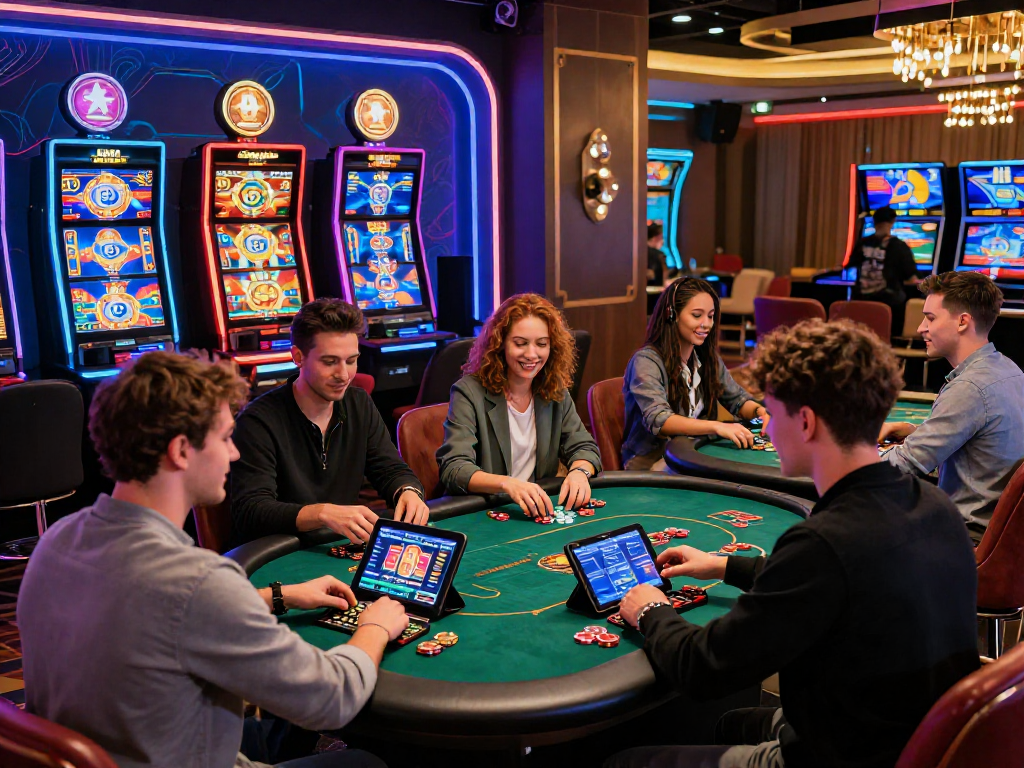 Exciting crypto casino scene with players at digital gaming stations engaged in thrilling gameplay.