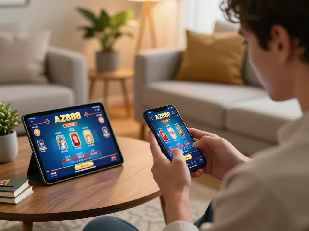 Player enjoying gaming experience on the AZ888 app in a cozy living room setting