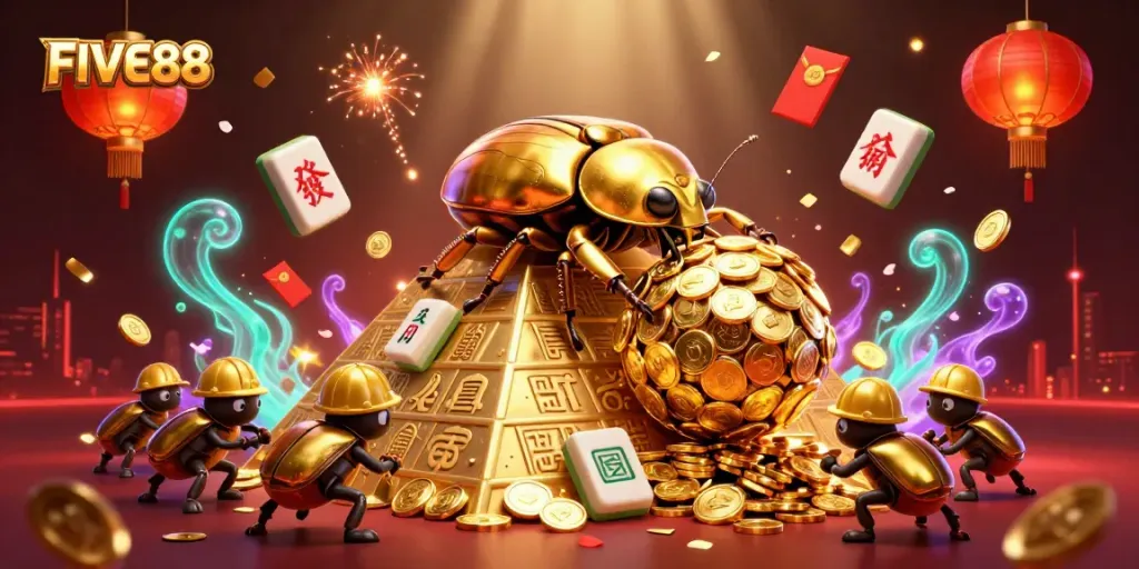 Engage with FIVE88 as the golden dung beetles help roll in coins amidst a vibrant online gaming scene filled with symbols.